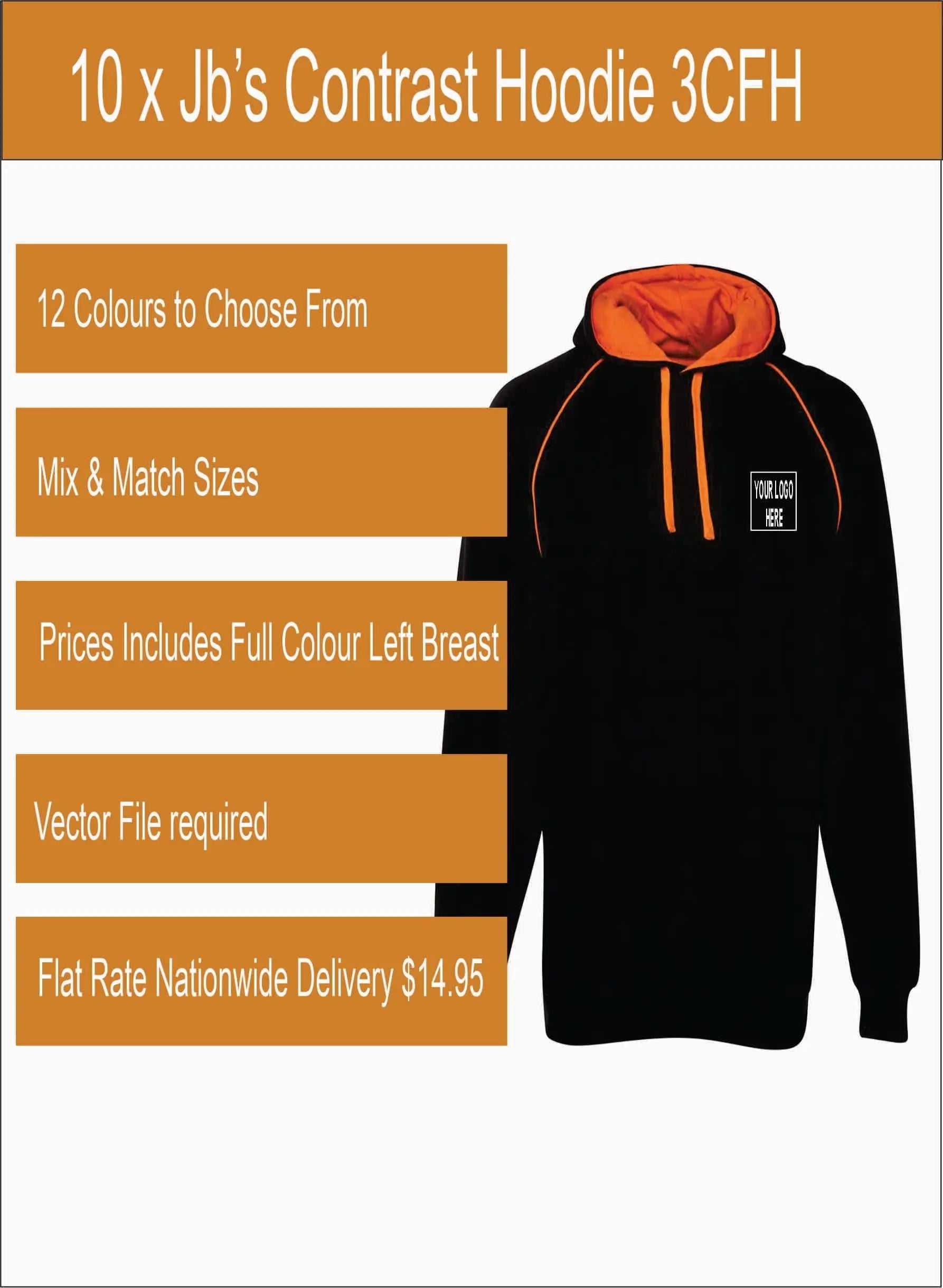 10 x Jb’s Printed Contrast Hoodie 3CFH Printed Packs